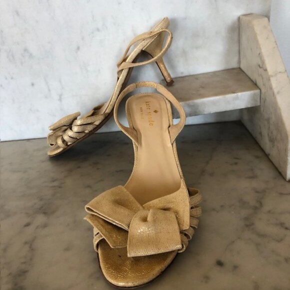 KATE SPADE Maribeth Gold Metallic Bow Slingback Kitten Heels Size 6 1/2 B - Picture 4 of 15